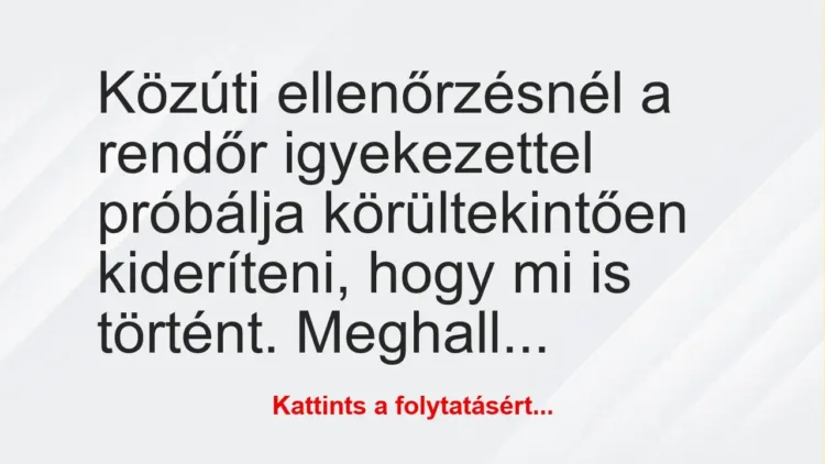 Vicc: Közúti ellenőrzésnél a rendőr igyekezettel próbálja körültekintően… Vicc: Közúti ellenőrzésnél a rendőr igyekezettel próbálja körültekintően…