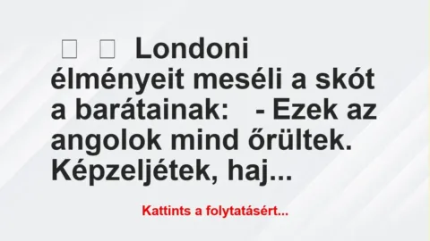 Vicc: 
	    	    Londoni élményeit meséli a skót a barátainak:


– Ezek…