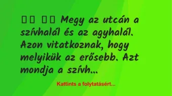 Vicc: 
		  
		  Megy az utcán a szívhalál és az agyhalál. Azon…