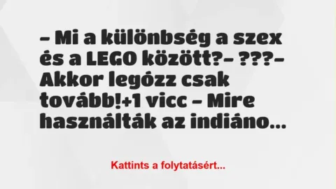 Vicc: – Mi a különbség a szex és a LEGO között?
– ???
– Akkor… Vicc: – Mi a különbség a szex és a LEGO között?
– ???
– Akkor…