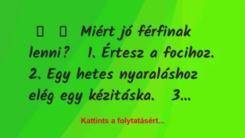 Vicc:
Miért jó férfinak lenni?
1. Értesz a… Vicc:
Miért jó férfinak lenni?
1. Értesz a…