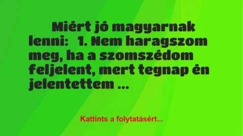Vicc:
Miért jó magyarnak lenni:
1. Nem haragszom meg, ha a… Vicc:
Miért jó magyarnak lenni:
1. Nem haragszom meg, ha a…