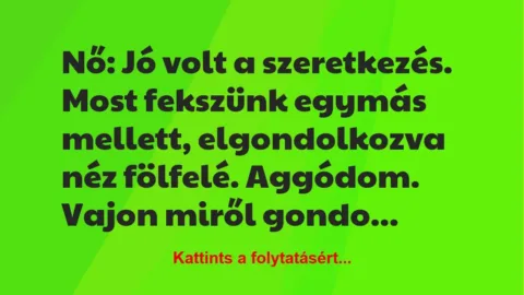 Vicc: Nő: Jó volt a szeretkezés. Most fekszünk egymás mellett, elgondolkozva… Vicc: Nő: Jó volt a szeretkezés. Most fekszünk egymás mellett, elgondolkozva…