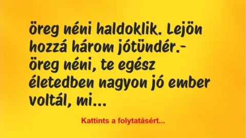 Vicc: öreg néni haldoklik. Lejön hozzá három jótündér.
– öreg néni, te… Vicc: öreg néni haldoklik. Lejön hozzá három jótündér.
– öreg néni, te…