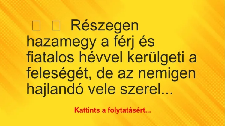 Vicc:
Részegen hazamegy a férj és fiatalos hévvel kerülgeti a… Vicc:
Részegen hazamegy a férj és fiatalos hévvel kerülgeti a…