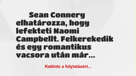Vicc:
Sean Connery elhatározza, hogy lefekteti Naomi Campbellt…. Vicc:
Sean Connery elhatározza, hogy lefekteti Naomi Campbellt….