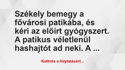 Vicc: Székely bemegy a fővárosi patikába, és kéri az előírt gyógyszert. A… Vicc: Székely bemegy a fővárosi patikába, és kéri az előírt gyógyszert. A…