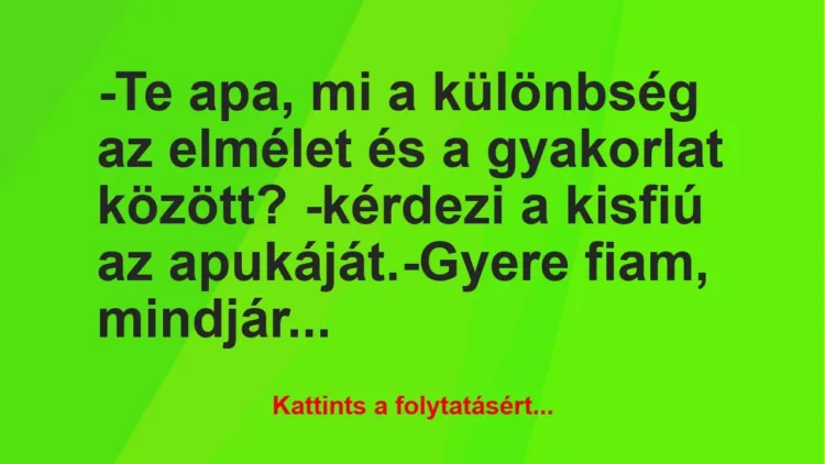 Vicc: -Te apa, mi a különbség az elmélet és a gyakorlat között? -kérdezi a… Vicc: -Te apa, mi a különbség az elmélet és a gyakorlat között? -kérdezi a…