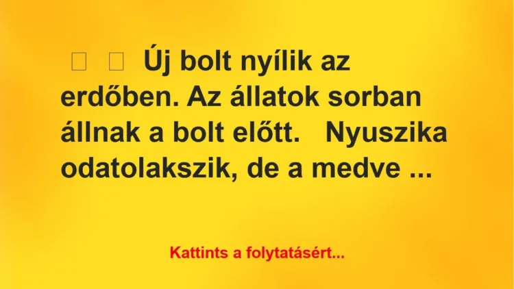 Vicc:
Új bolt nyílik az erdőben. Az állatok sorban állnak a bolt … Vicc:
Új bolt nyílik az erdőben. Az állatok sorban állnak a bolt …