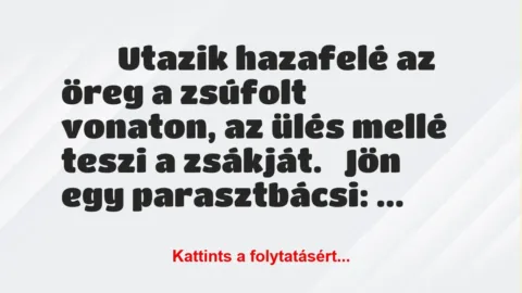 Vicc: 
	    	    Utazik hazafelé az öreg a zsúfolt vonaton, az ülés mellé…