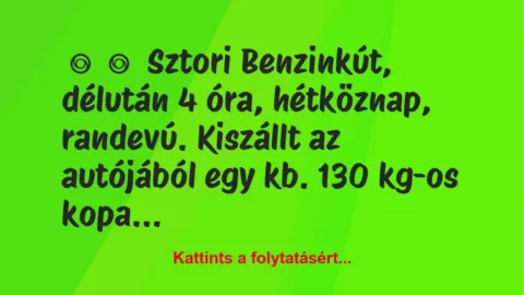 Vicces történet:
Sztori
Benzinkút, délután 4 óra, hétköznap, randevú…. Vicces történet:
Sztori
Benzinkút, délután 4 óra, hétköznap, randevú….