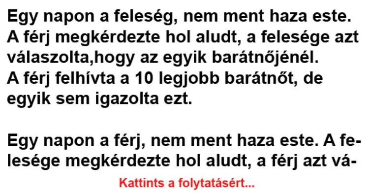A férj megkérdezte hol aludt, a felesége azt válaszolta, hogy A férj megkérdezte hol aludt, a felesége azt válaszolta, hogy az egyik…