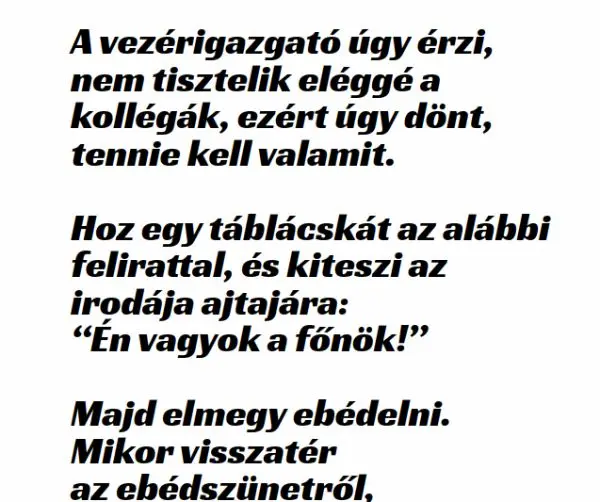 Vicc: A vezérigazgató úgy érzi, nem tisztelik eléggé a kollégák, Vicc: A vezérigazgató úgy érzi, nem tisztelik eléggé a kollégák, ezért…