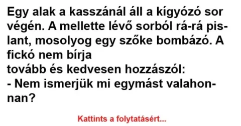 Vicc: Egy alak a kasszánál áll a kígyózó sor végén Vicc: Egy alak a kasszánál áll a kígyózó sor végén