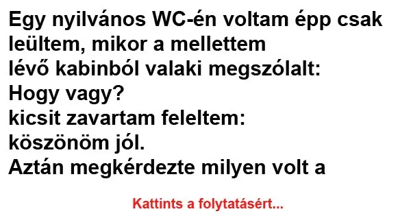Vicc: Egy nyilvános WC-én voltam épp csak leültem, mikor a Vicc: Egy nyilvános WC-én voltam épp csak leültem, mikor a mellettem lévő…