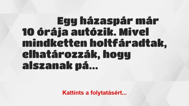 Egy házaspár már 10 órája autózik. Mivel mindketten holtfáradtak,… Egy házaspár már 10 órája autózik. Mivel mindketten holtfáradtak,…