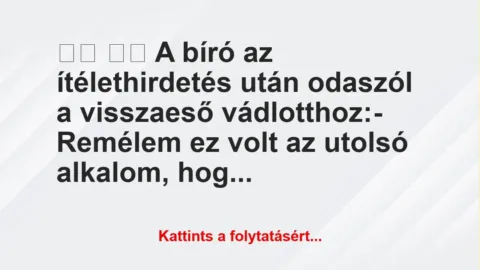 Vicc:
A bíró az ítélethirdetés után odaszól a visszaeső… Vicc:
A bíró az ítélethirdetés után odaszól a visszaeső…