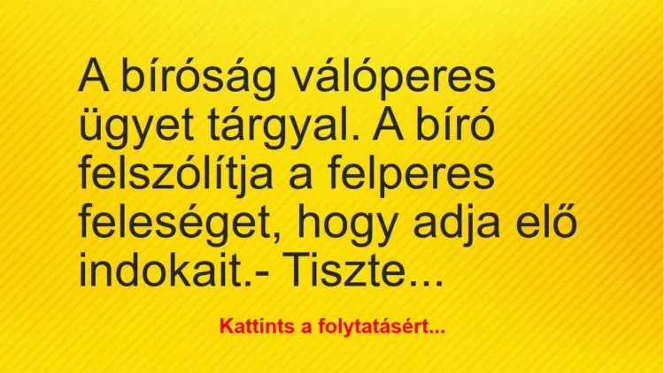 Vicc: A bíróság válóperes ügyet tárgyal. A bíró felszólítja a felperes… Vicc: A bíróság válóperes ügyet tárgyal. A bíró felszólítja a felperes…