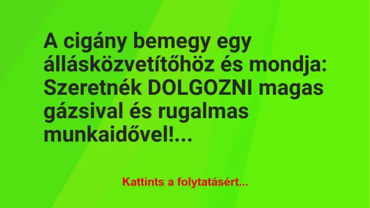 Vicc: A cigány bemegy egy állásközvetítőhöz és mondja:
Szeretnék… Vicc: A cigány bemegy egy állásközvetítőhöz és mondja:
Szeretnék…