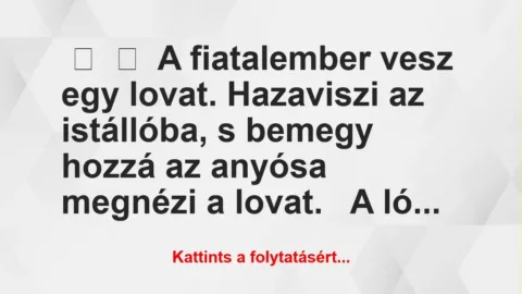 Vicc:
A fiatalember vesz egy lovat. Hazaviszi az istállóba, s… Vicc:
A fiatalember vesz egy lovat. Hazaviszi az istállóba, s…