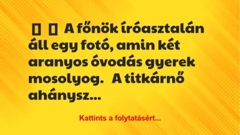 Vicc:
A főnök íróasztalán áll egy fotó, amin két aranyos óvodás… Vicc:
A főnök íróasztalán áll egy fotó, amin két aranyos óvodás…