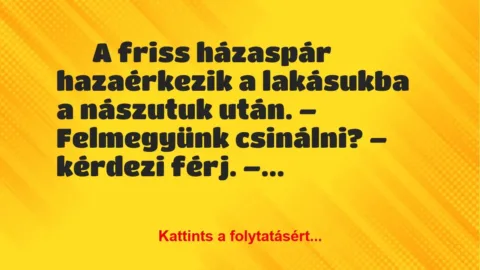 Vicc: A friss házaspár hazaérkezik a lakásukba a nászutuk után Vicc: A friss házaspár hazaérkezik a lakásukba a nászutuk után