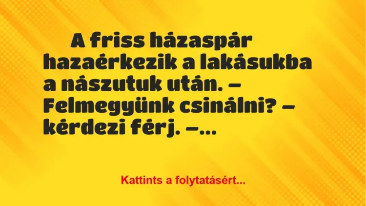 Vicc: A friss házaspár hazaérkezik a lakásukba a nászutuk után Vicc: A friss házaspár hazaérkezik a lakásukba a nászutuk után