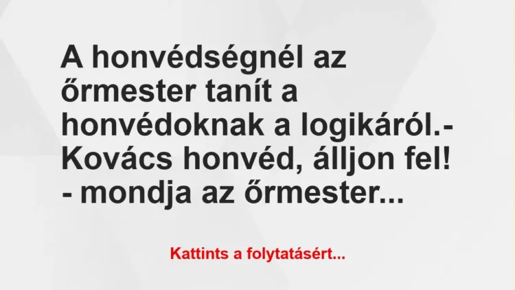 Vicc: A honvédségnél az őrmester tanít a honvédoknak a logikáról.
-… Vicc: A honvédségnél az őrmester tanít a honvédoknak a logikáról.
-…