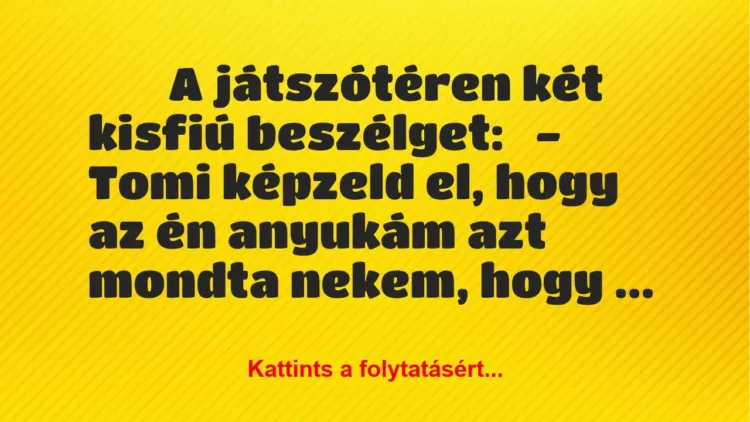 Vicc:
A játszótéren két kisfiú beszélget:
– Tomi képzeld… Vicc:
A játszótéren két kisfiú beszélget:
– Tomi képzeld…