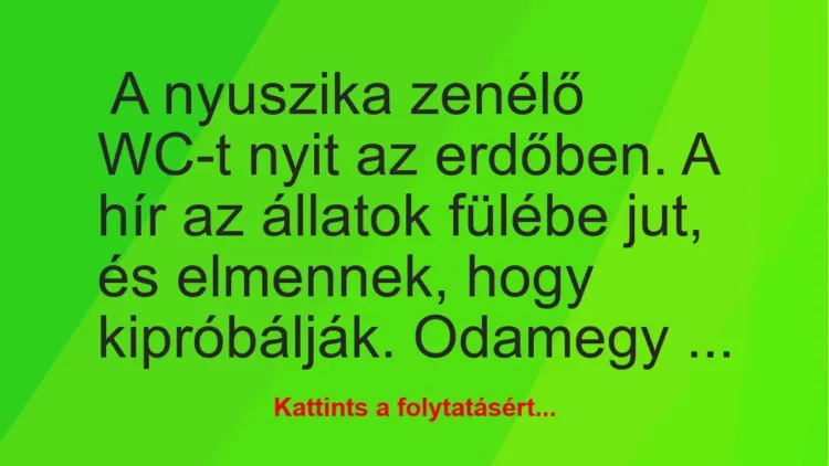 Vicc: A nyuszika zenélő WC-t nyit az erdőben. A hír az állatok fülébe jut,… Vicc: A nyuszika zenélő WC-t nyit az erdőben. A hír az állatok fülébe jut,…