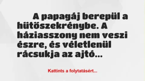 Vicc:
A papagáj berepül a hűtőszekrénybe. A háziasszony nem veszi… Vicc:
A papagáj berepül a hűtőszekrénybe. A háziasszony nem veszi…