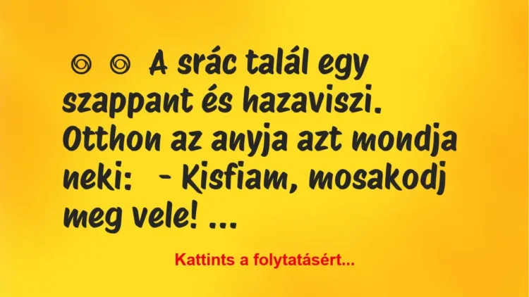 Vicc:
A srác talál egy szappant és hazaviszi. Otthon az anyja azt… Vicc:
A srác talál egy szappant és hazaviszi. Otthon az anyja azt…