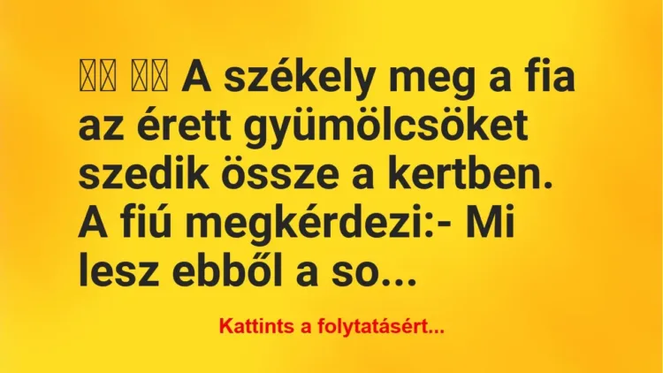 Vicc:
A székely meg a fia az érett gyümölcsöket szedik … Vicc:
A székely meg a fia az érett gyümölcsöket szedik …