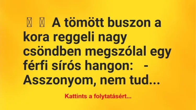 Vicc:
A tömött buszon a kora reggeli nagy csöndben megszólal egy … Vicc:
A tömött buszon a kora reggeli nagy csöndben megszólal egy …