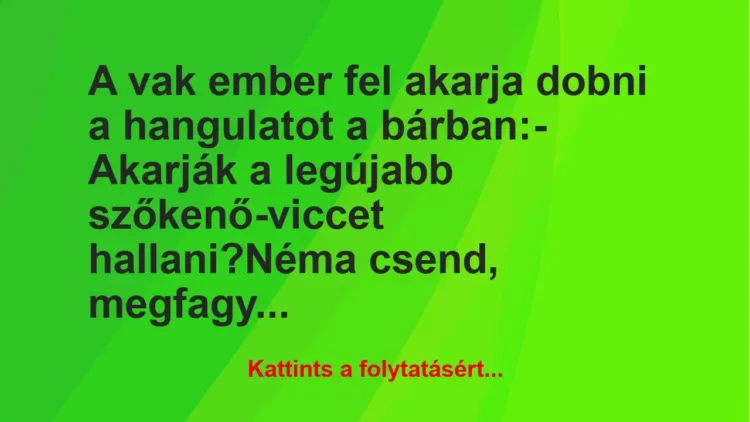 Vicc: A vak ember fel akarja dobni a hangulatot a bárban:
– Akarják a… Vicc: A vak ember fel akarja dobni a hangulatot a bárban:
– Akarják a…