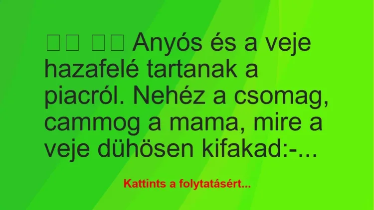 Vicc:
Anyós és a veje hazafelé tartanak a piacról…. Vicc:
Anyós és a veje hazafelé tartanak a piacról….