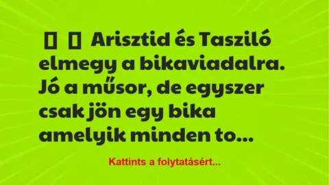 Vicc: 
	    	    Arisztid és Tasziló elmegy a bikaviadalra.


Jó a…