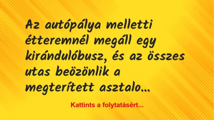 Vicc: Az autópálya melletti étteremnél megáll egy kirándulóbusz, és az… Vicc: Az autópálya melletti étteremnél megáll egy kirándulóbusz, és az…