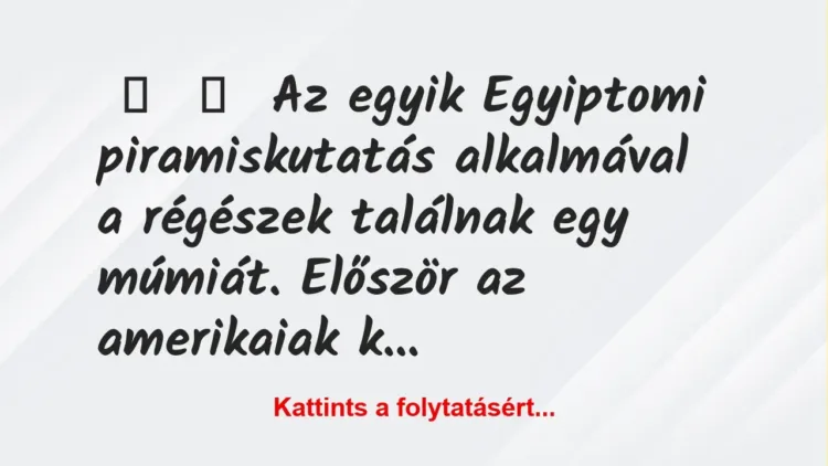Vicc:
Az egyik Egyiptomi piramiskutatás alkalmával a régészek… Vicc:
Az egyik Egyiptomi piramiskutatás alkalmával a régészek…