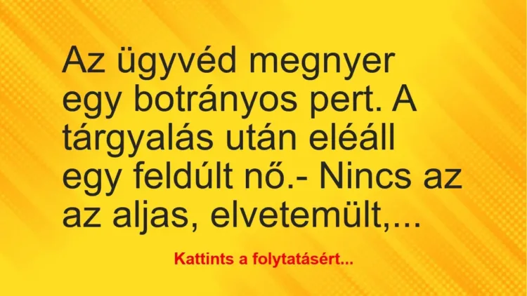 Vicc: Az ügyvéd megnyer egy botrányos pert. A tárgyalás után eléáll egy… Vicc: Az ügyvéd megnyer egy botrányos pert. A tárgyalás után eléáll egy…