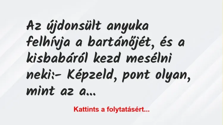 Vicc: Az újdonsült anyuka felhívja a bartánőjét, és a kisbabáról kezd… Vicc: Az újdonsült anyuka felhívja a bartánőjét, és a kisbabáról kezd…