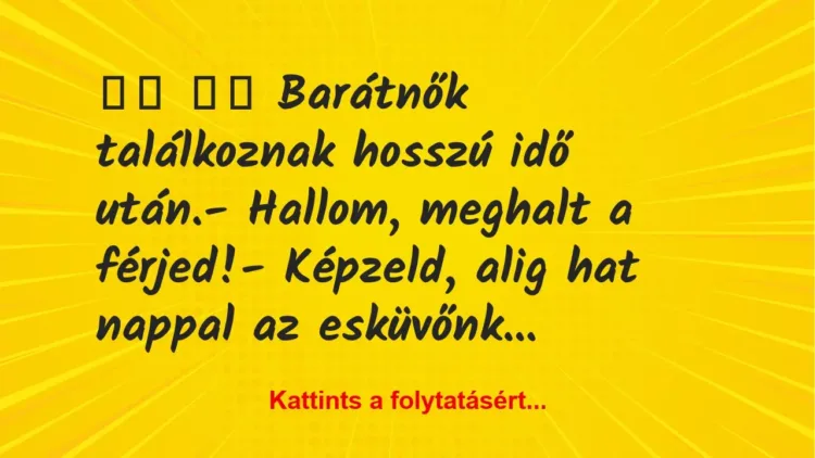Vicc:
Barátnők találkoznak hosszú idő után.-… Vicc:
Barátnők találkoznak hosszú idő után.-…