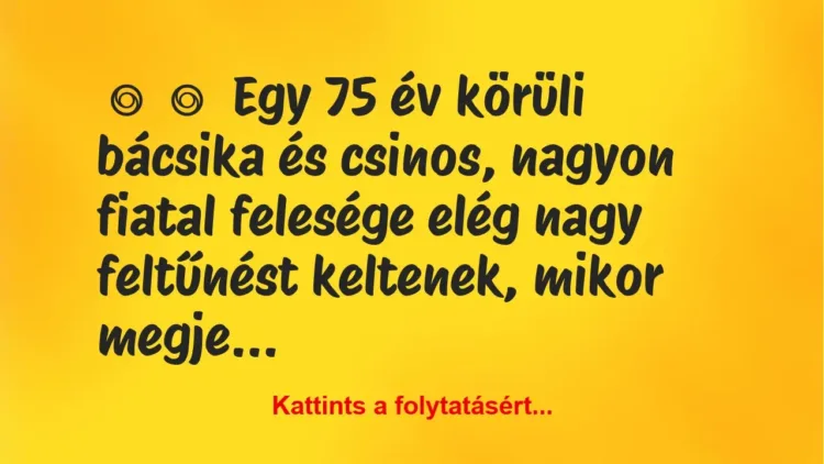 Vicc:
Egy 75 év körüli bácsika és csinos, nagyon fiatal felesége … Vicc:
Egy 75 év körüli bácsika és csinos, nagyon fiatal felesége …