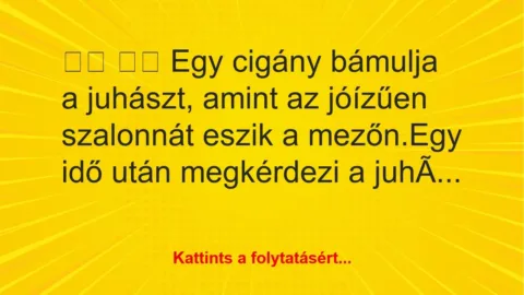 Vicc: 
		  
		  Egy cigány bámulja a juhászt, amint az jóízűen…