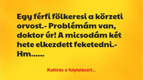 Vicc: Egy férfi fölkeresi a körzeti orvost.
– Problémám van, doktor úr!… Vicc: Egy férfi fölkeresi a körzeti orvost.
– Problémám van, doktor úr!…