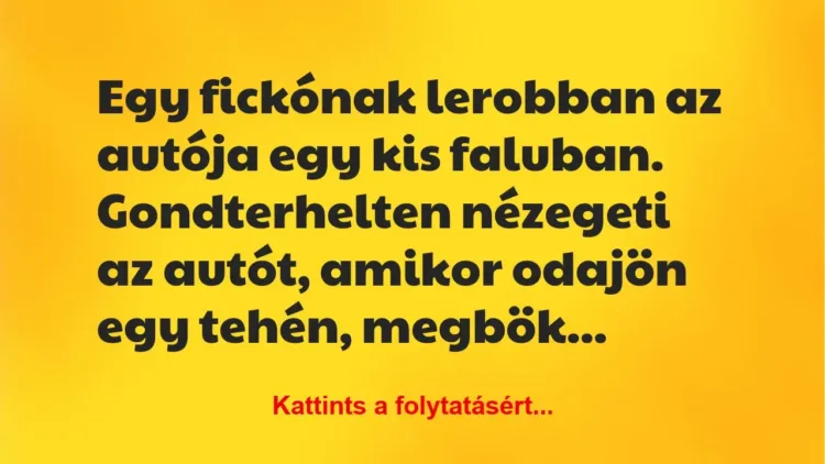 Vicc: Egy fickónak lerobban az autója egy kis faluban. Gondterhelten… Vicc: Egy fickónak lerobban az autója egy kis faluban. Gondterhelten…