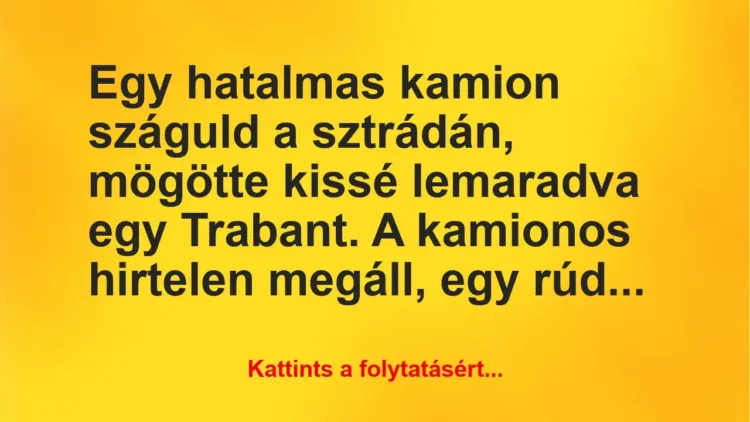 Vicc: Egy hatalmas kamion száguld a sztrádán, mögötte kissé lemaradva egy… Vicc: Egy hatalmas kamion száguld a sztrádán, mögötte kissé lemaradva egy…