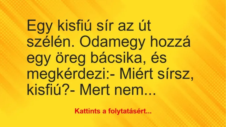 Vicc: Egy kisfiú sír az út szélén. Odamegy hozzá egy öreg bácsika, és… Vicc: Egy kisfiú sír az út szélén. Odamegy hozzá egy öreg bácsika, és…