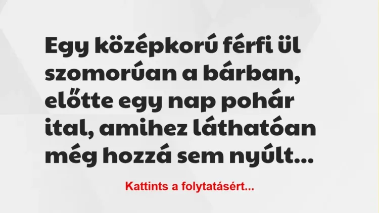 Vicc: Egy középkorú férfi ül szomorúan a bárban, előtte egy nap pohár ital,… Vicc: Egy középkorú férfi ül szomorúan a bárban, előtte egy nap pohár ital,…