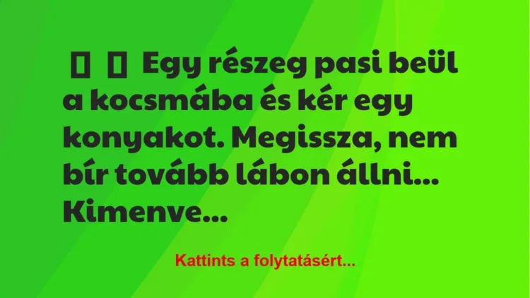Vicc:
Egy részeg pasi beül a kocsmába és kér egy konyakot…. Vicc:
Egy részeg pasi beül a kocsmába és kér egy konyakot….